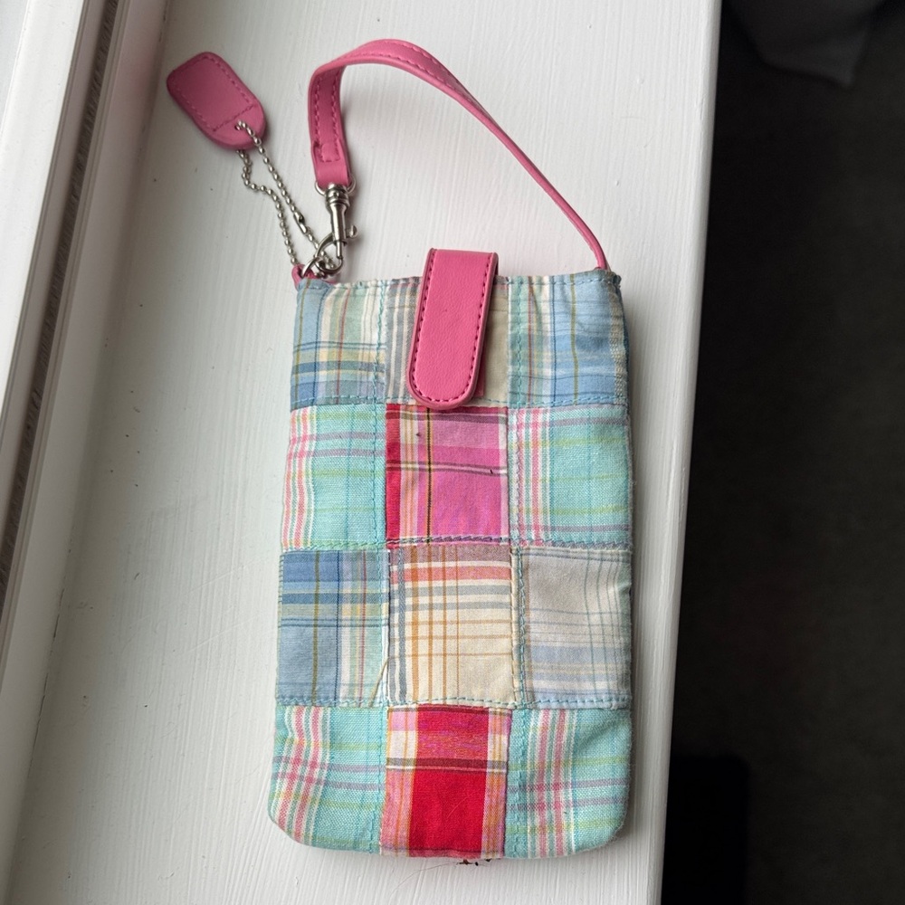 Colorful Patchwork Wristlet with Pink Strap